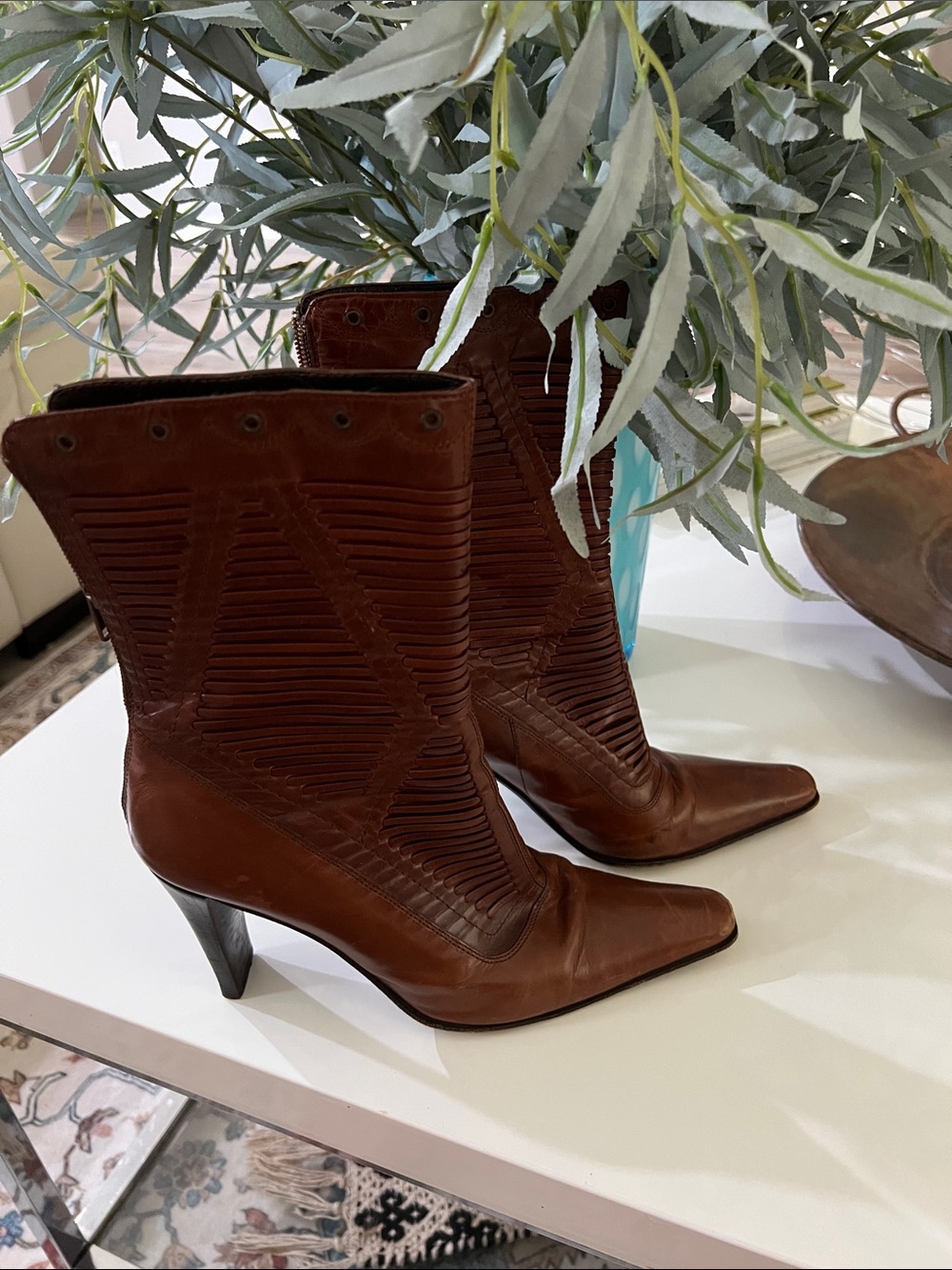 Brown Leather Pointed-Toe Mid-Calf Heeled Boots